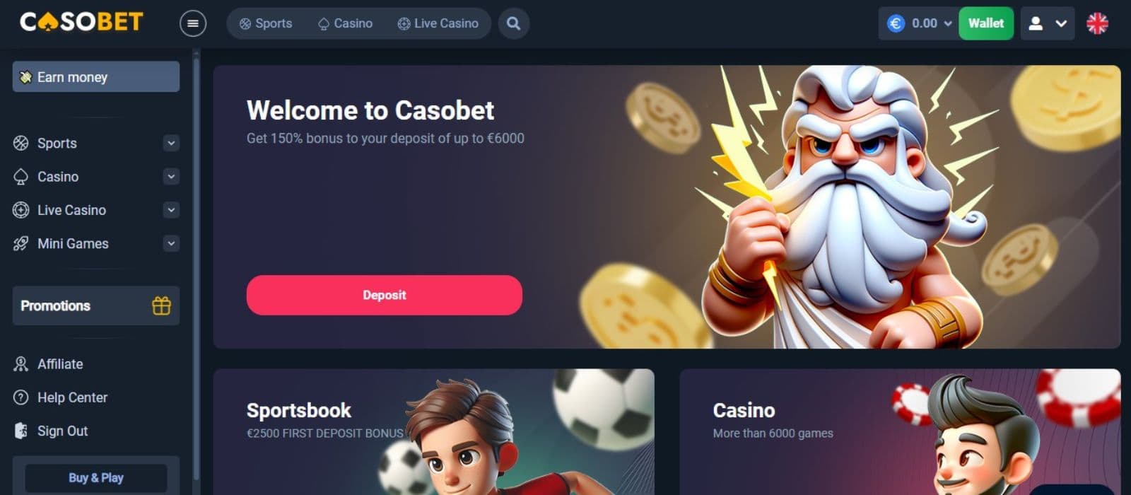 Casobet Casino landing page, showing the welcome package and a sidebar menu.