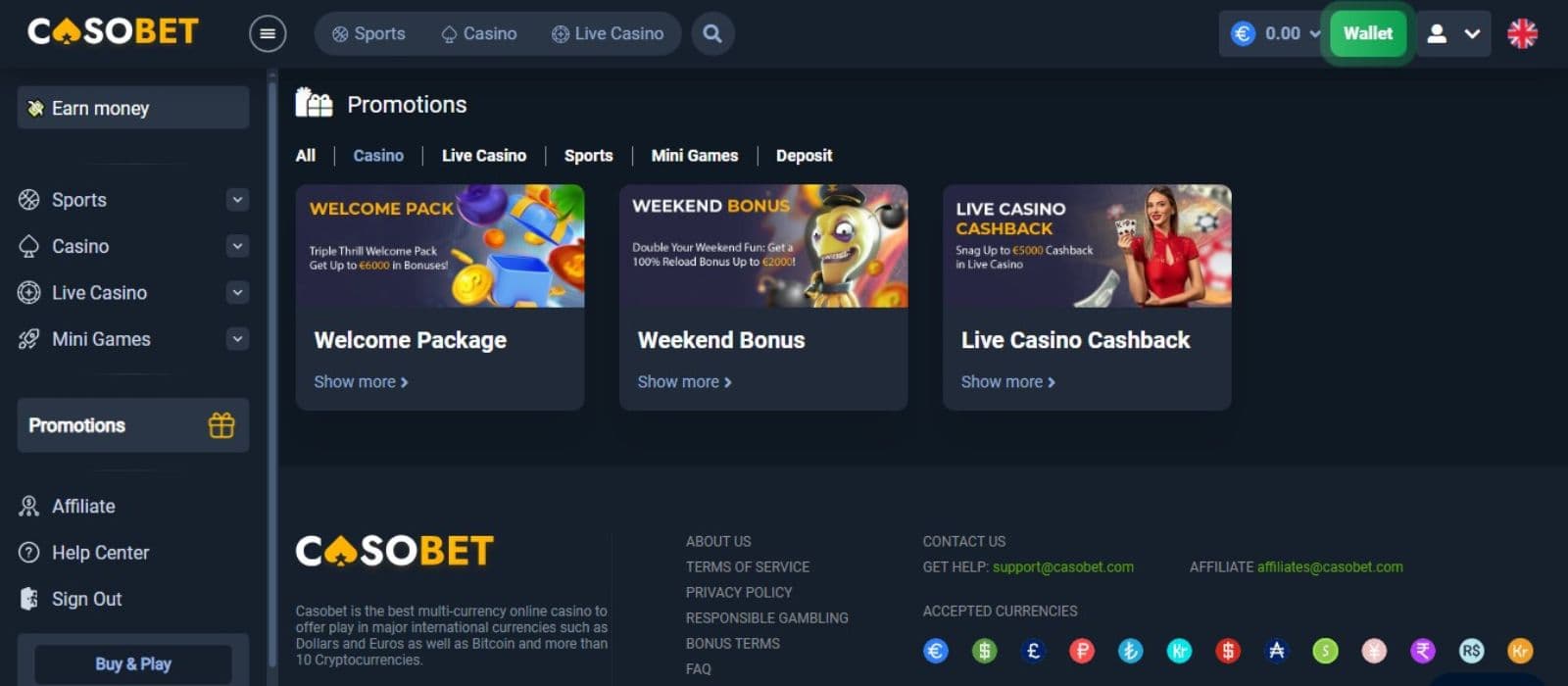 Casobet Casino's promotion page, showing the welcome package and other rewards.