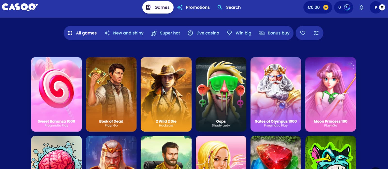 Casoo Casino games page showing popular slot titles like Sweet Bonanza 1000, Book of Dead, Gates of Olympus 1000, and Moon Princess 100, with category filters across the top.