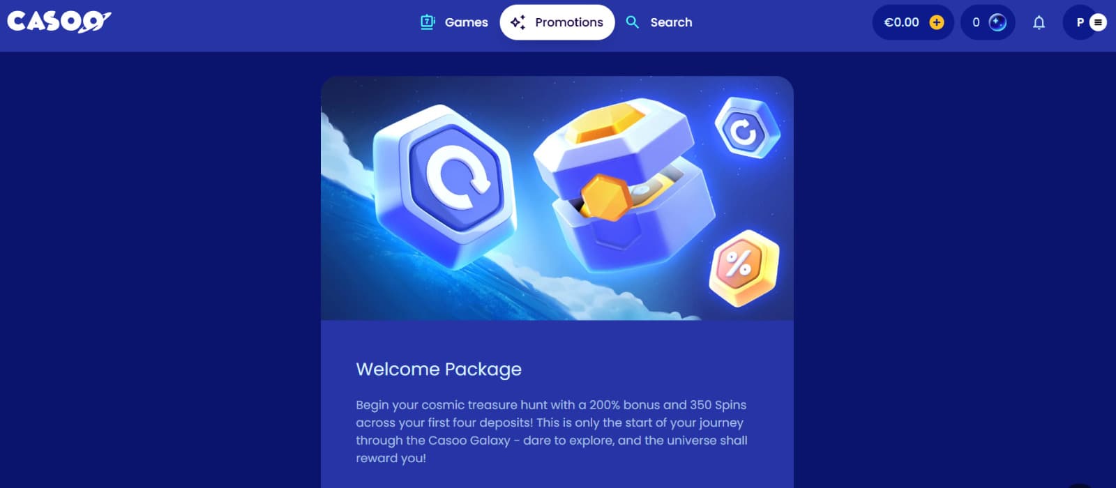 Casoo Casino promotions page highlighting the welcome package with a visual card showing bonus icons and introductory offer details.