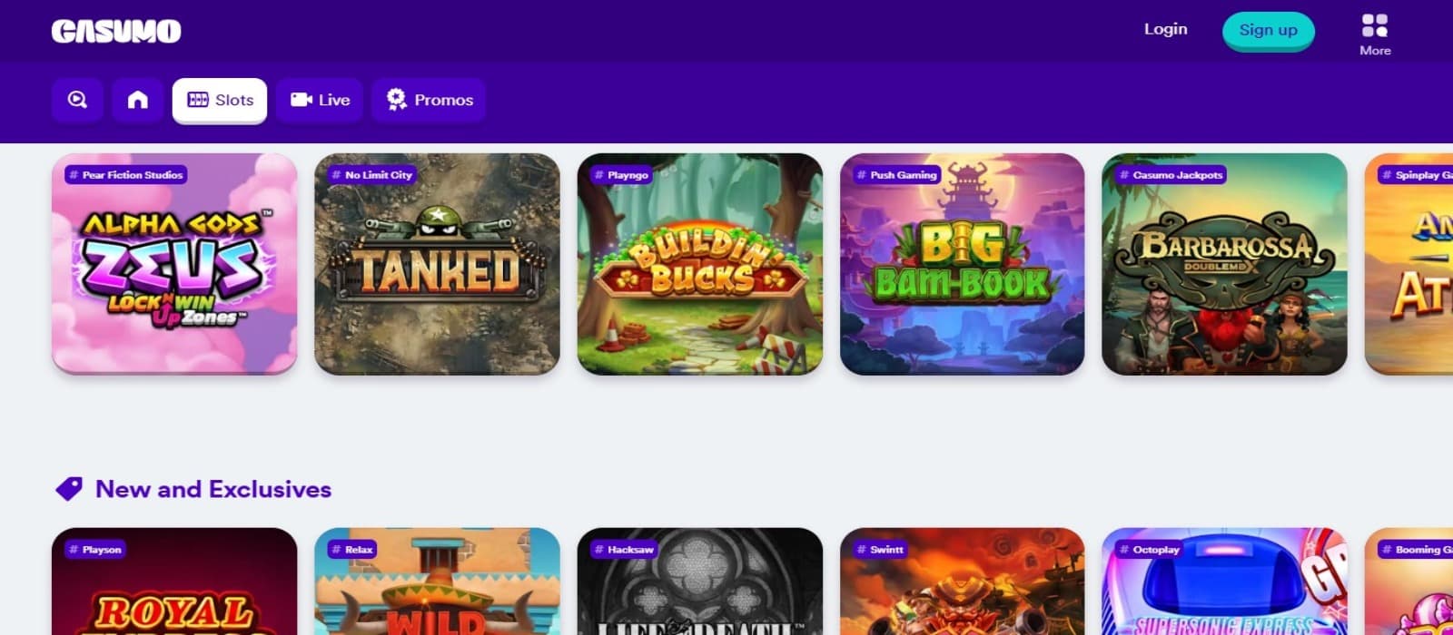 Casumo Casino games page with the slot game icons and various game categories