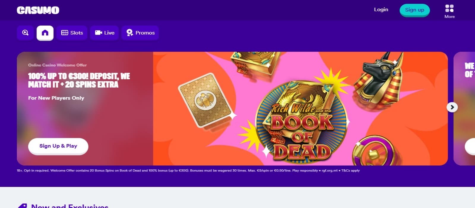 Casumo Casino landing page with the welcome bonus offer banner and top navigational menus