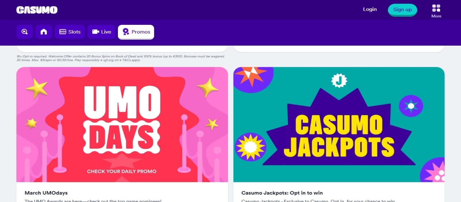 Casumo Casino promotions page with the various promotions banners and top navigational menus
