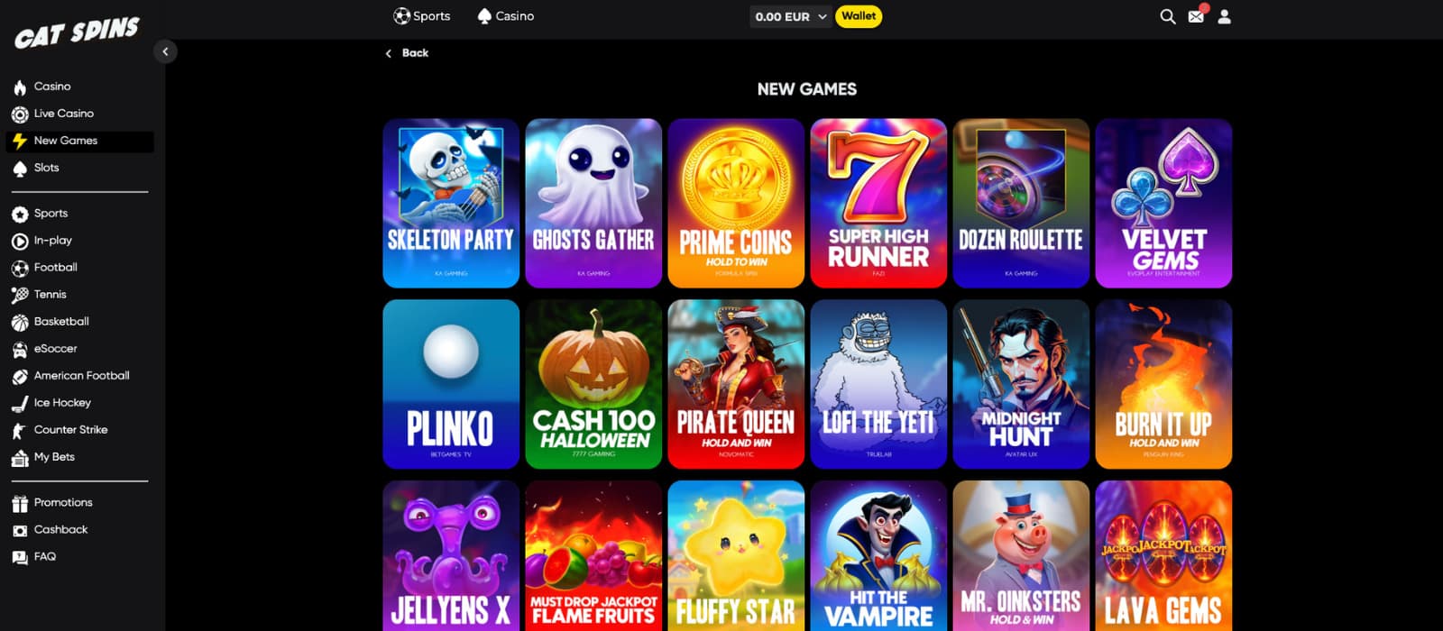Cat Spins games page displaying different games such as Lord of rhe Ocean, Ultra Hotfree, Oliver’s Bar and many more. 