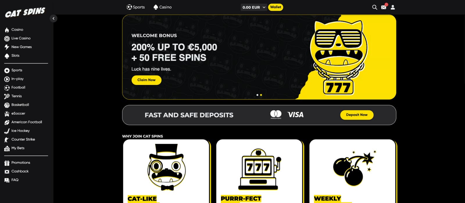 Cat Spins casino landing page showing the welcome bonus adn other promotions in a cat-themed background