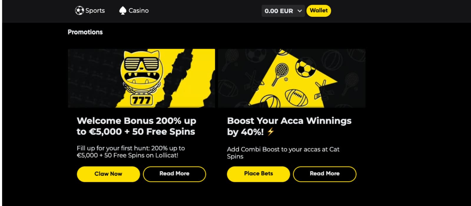 Cat Spins' promotions page displays the welcome bonus and a 40% bonus to boost your acca winnings. 