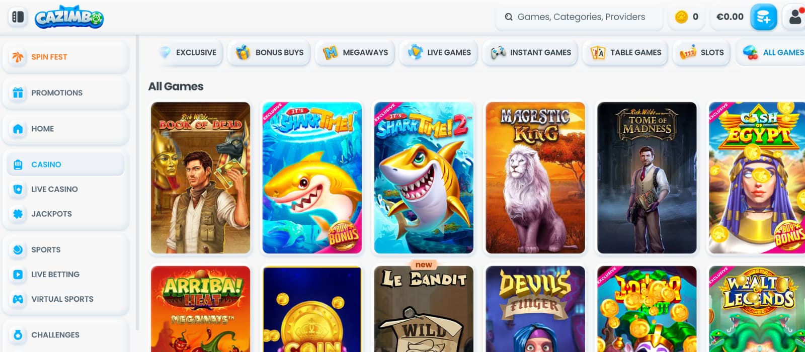 Cazimbo Casino games page showing popular slot titles including Book of Dead, Shark Time, and Majestic King.