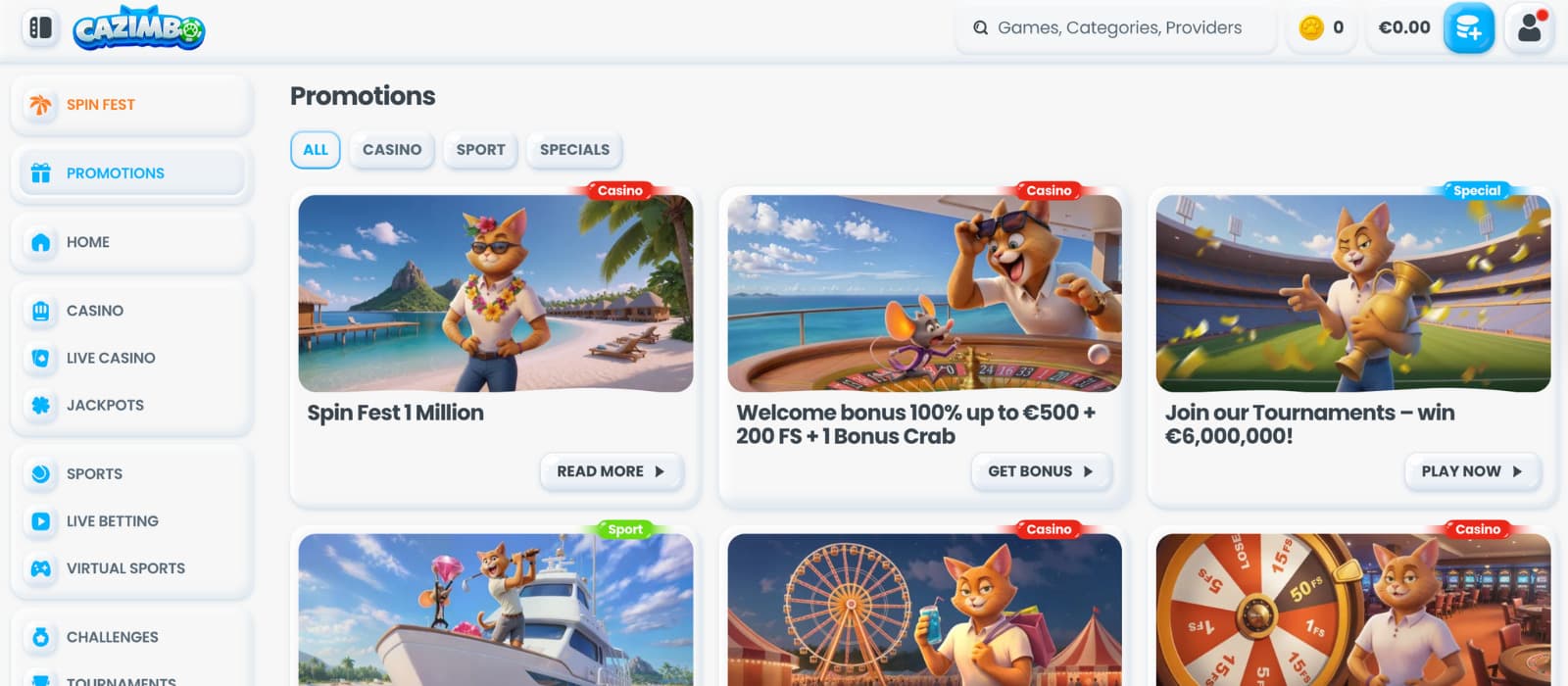 Cazimbo Casino landing page featuring the €500 + 200 FS welcome bonus banner with cat-and-mouse mascot theme.