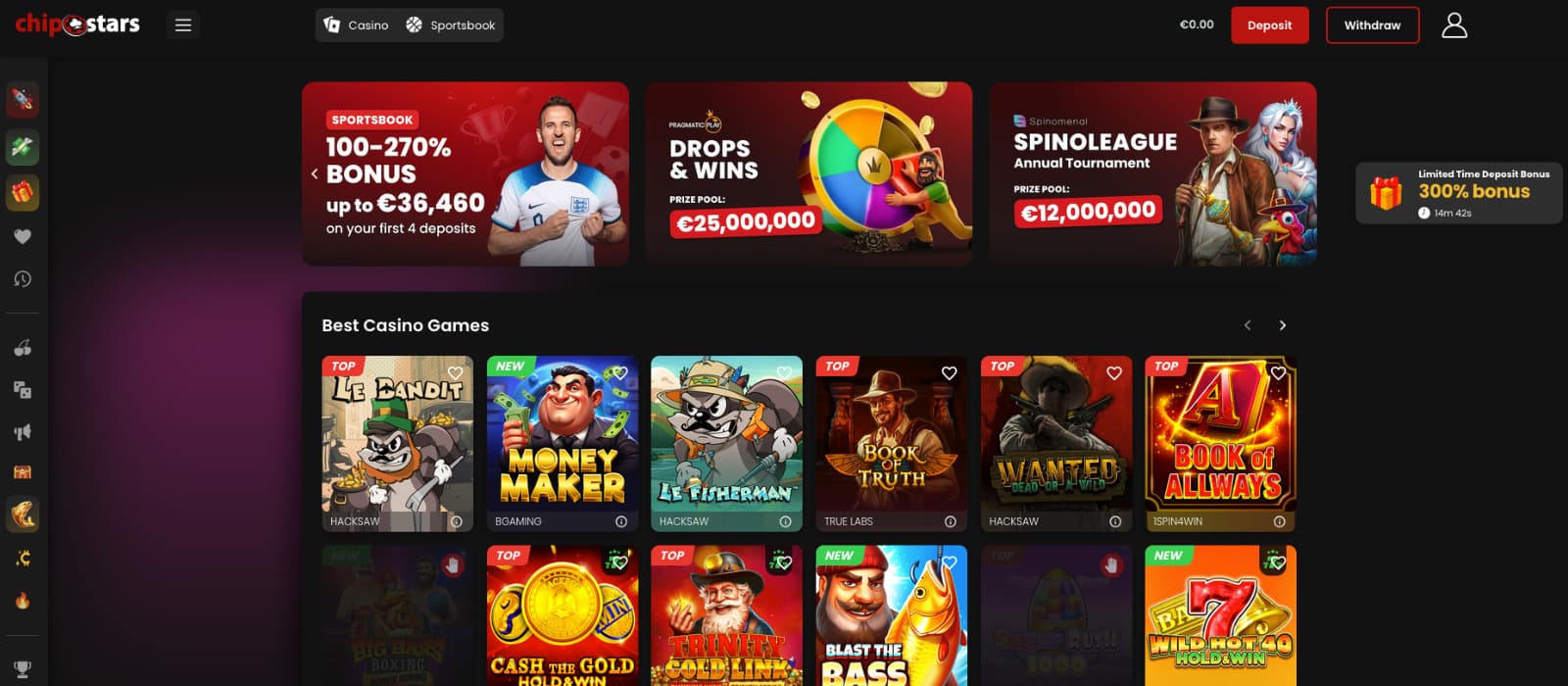 Chipstars Casino landing page showing promotional banners above a grid of casino games.
