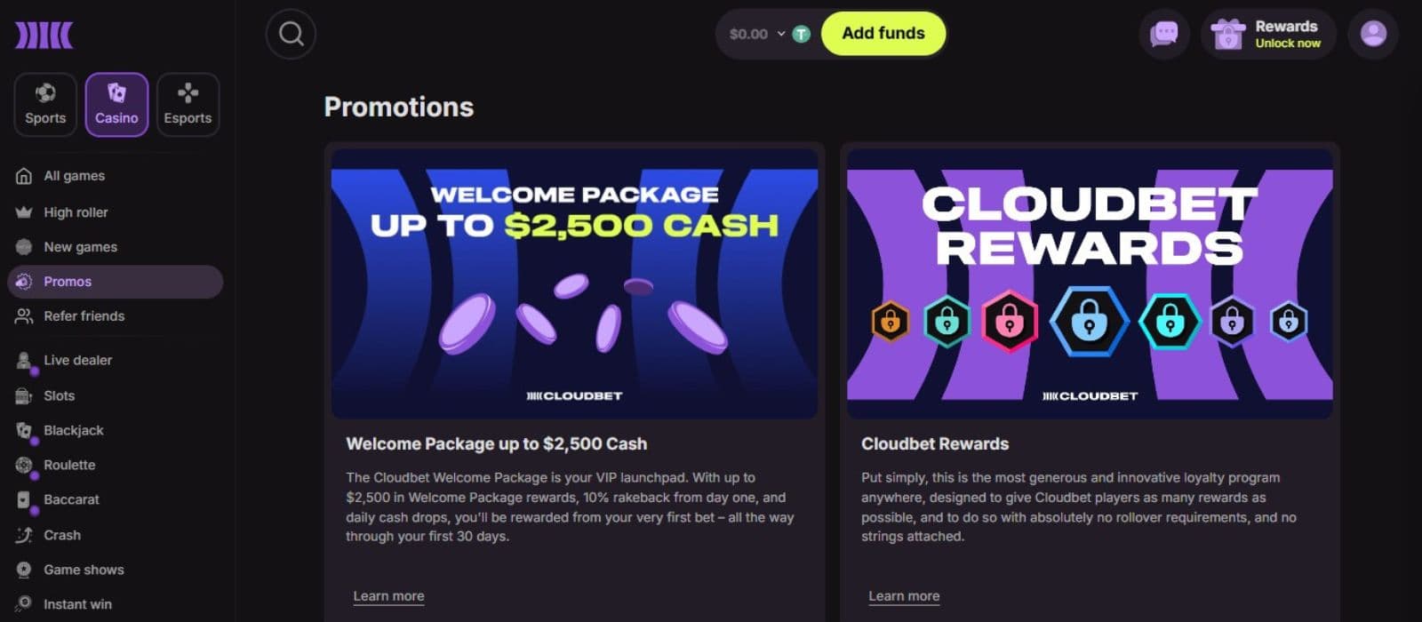 Cloudbet Casino’s gaming section showing live dealer tables and various blackjack game options. Sidebar highlights ‘Blackjack’ as the active category.