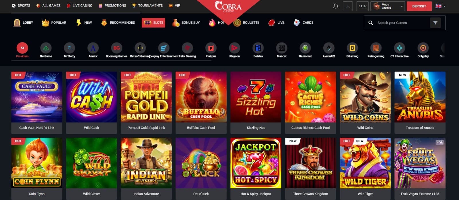 The games page of Cobra Casino displays a wide variety of slot titles, such as Cash Vault, Wild Cash, and more.