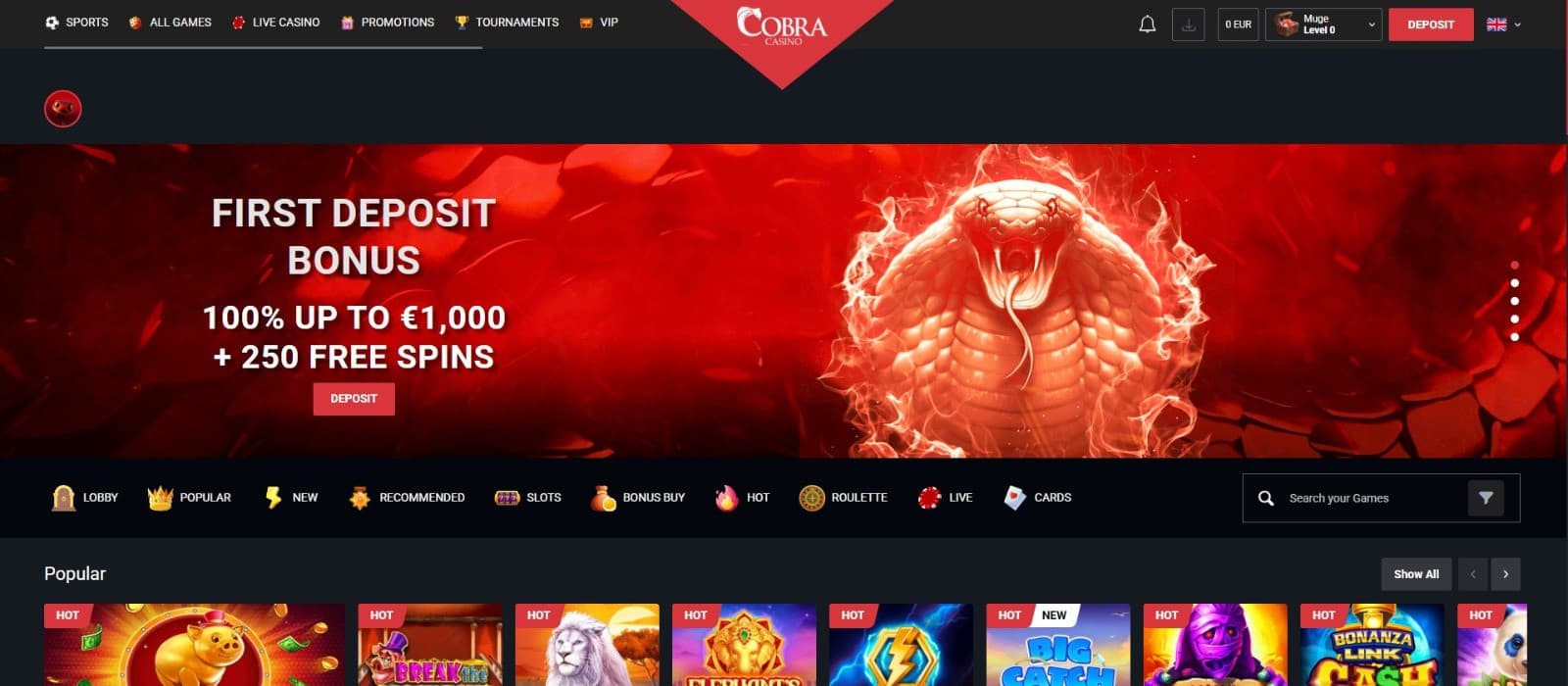 The landing page of Cobra Casino showcases the first deposit bonus of up to 1000 euros and 250 free spins.