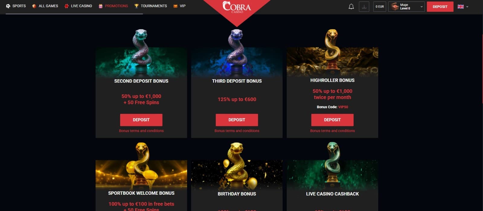 The promotions page of Cobra Casino presents the welcome package across the first three deposits.