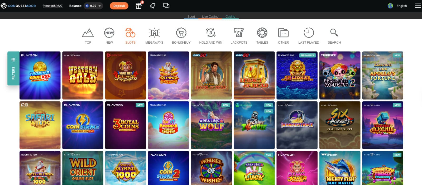 Conquestador Casino's promotion page, showing the welcome bonus and other impressive rewards.