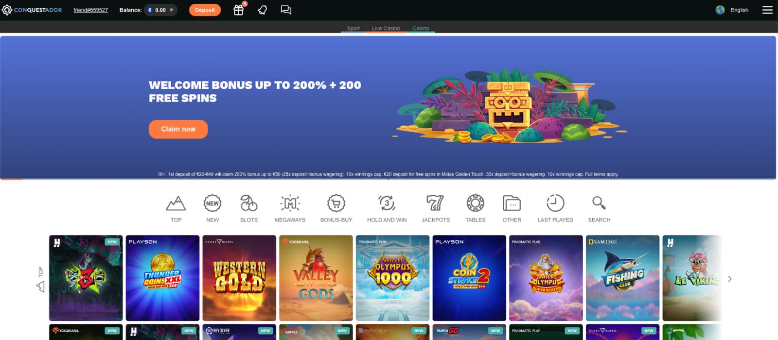 Conquestador Casino's homepage, showing the welcome bonus package.