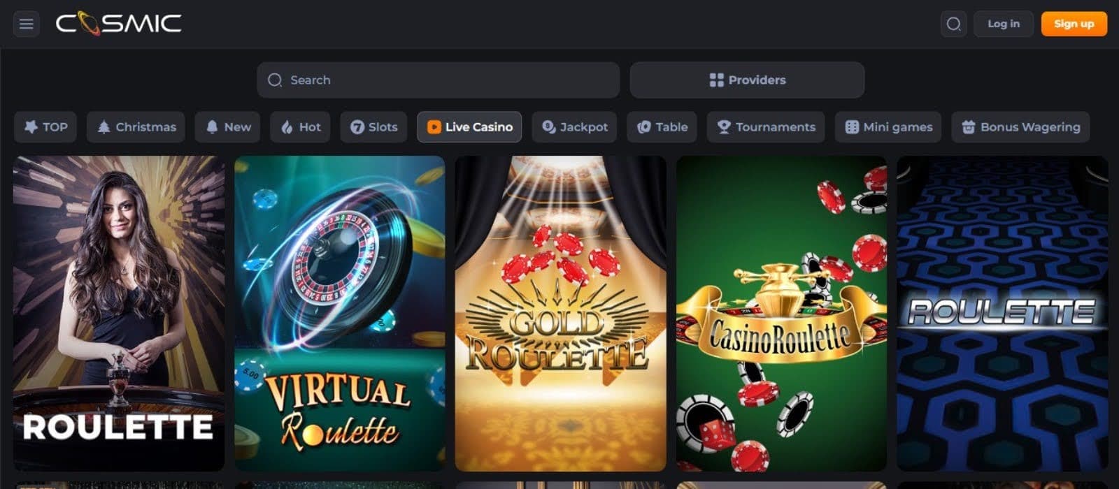 Cosmic Slot Casino's live games section, showing variations of roulette.