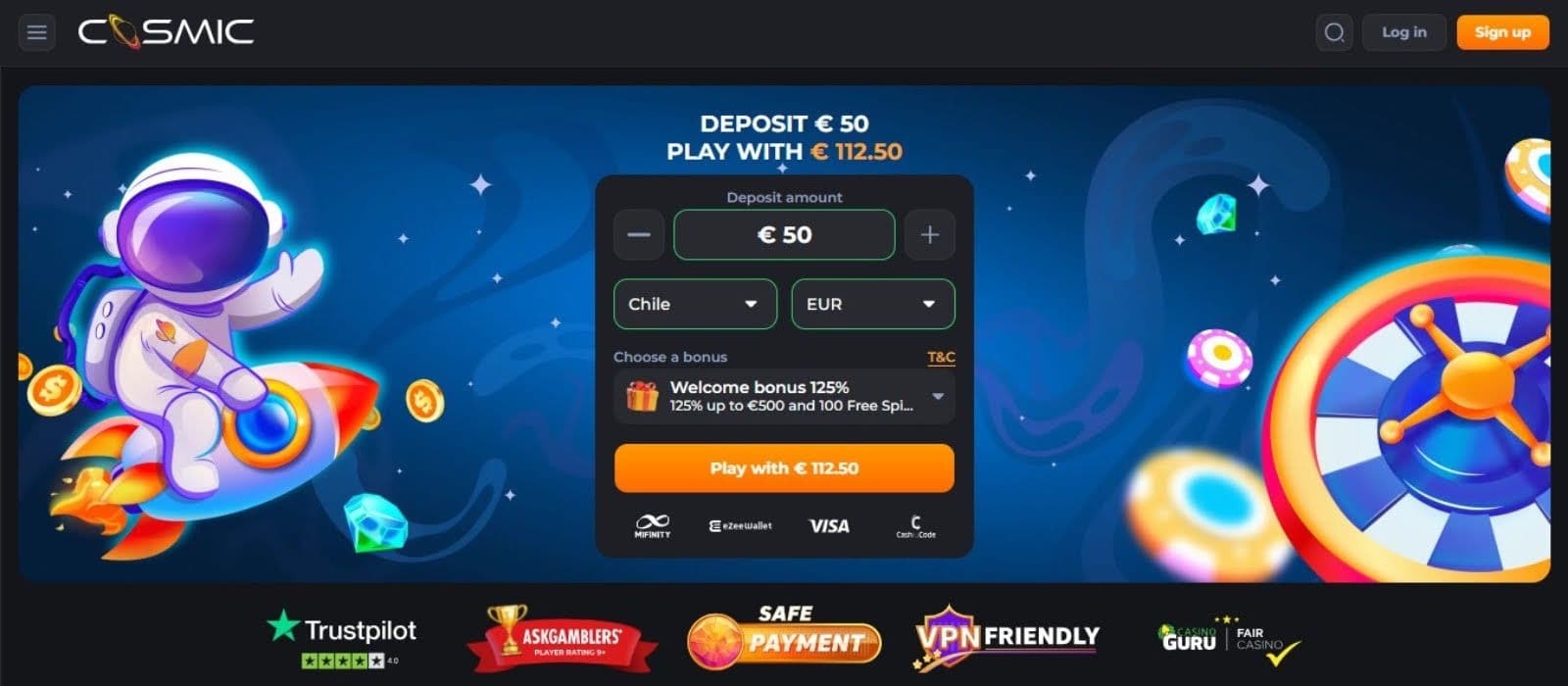 Cosmic Slot Casino's homepage, showing deposit form with the welcome bonus.