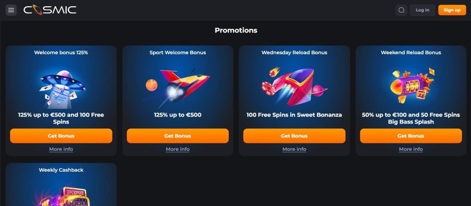 Cosmic Slot Casino's promotions page, showing the welcome bonus and other impressive offers.
