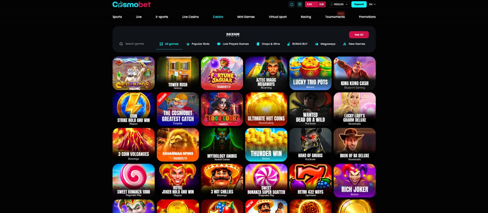 Cosmobet casino games page showing slot titles, categories, and search filters for easy navigation