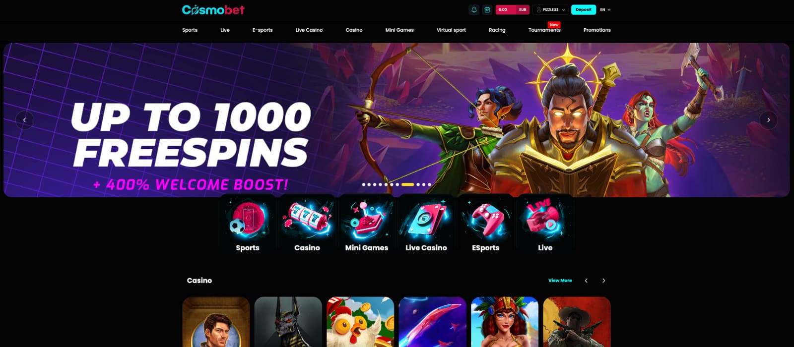 Cosmobet casino homepage displaying welcome bonus banner and main navigation with casino, sports, and live sections