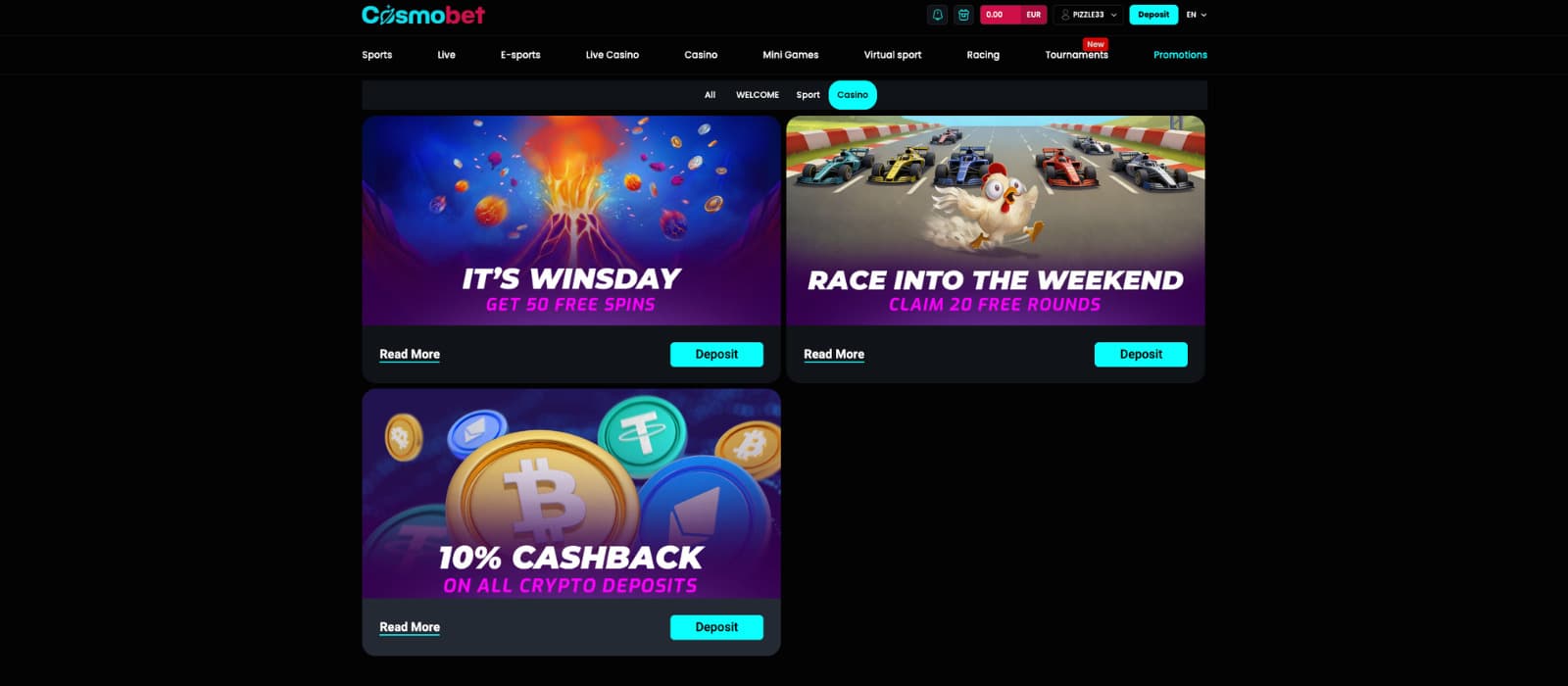 Cosmobet promotions page showing Winsday free spins, weekend rewards, and crypto cashback offers
