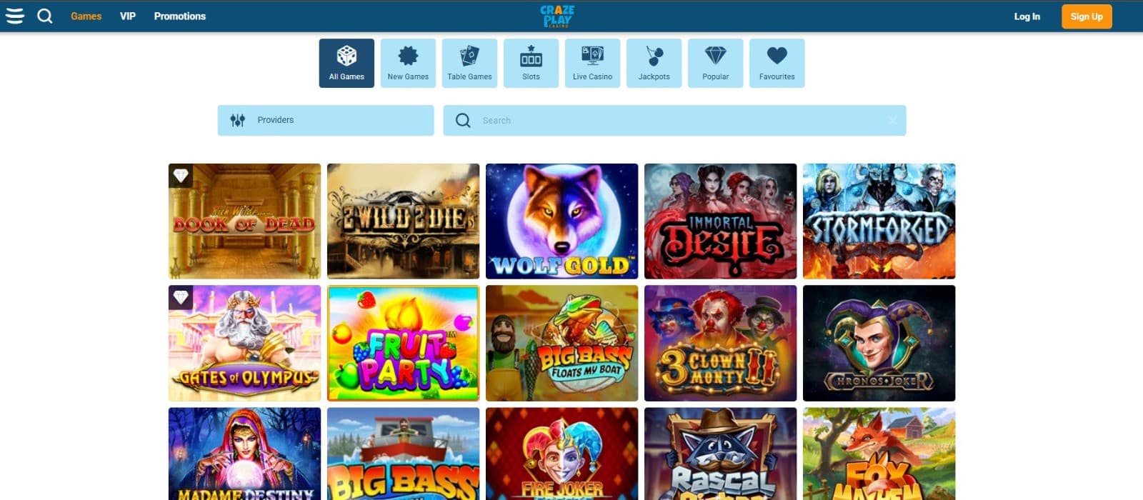 The games page of Craze Casino displays a selection of casino games, such as 2 Wild 2 Die, Wolf Gold, and more.