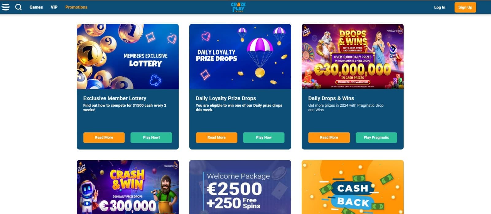 The promotions page of Craze Casino showcases a range of casino bonuses, such as daily drops & wins and the welcome package.