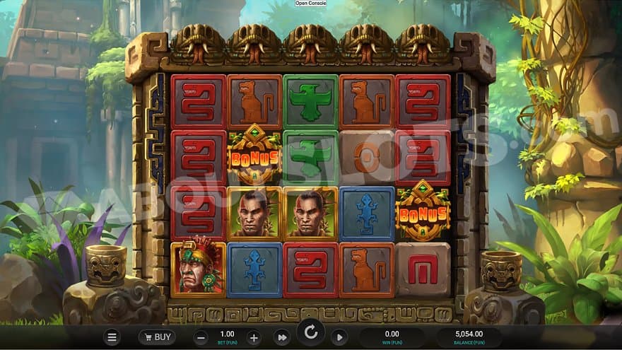 Five slot reels in a jungle.