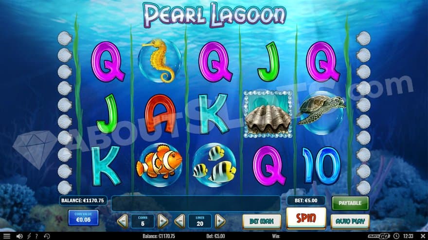 Five reels in the water with marine symbols.