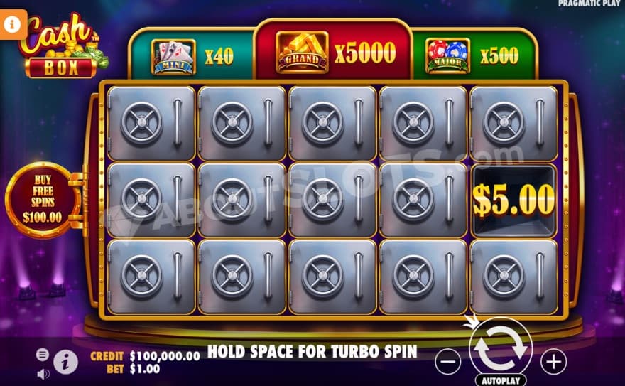 Base game with cash boxes on the reels.