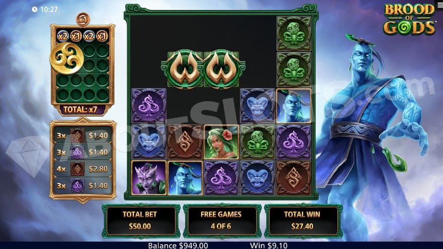 Four wins on the fourth of six free spins.