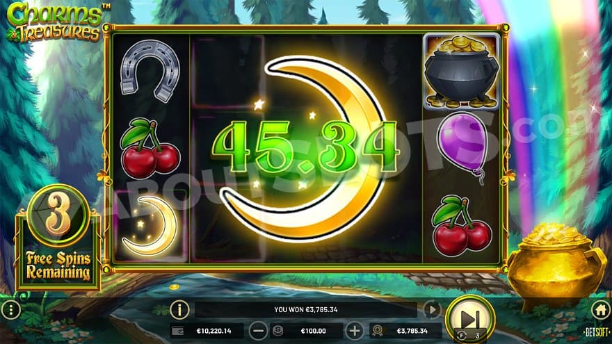 A win of 45.34 in the free spins with a colossal symbol in the middle of the grid.