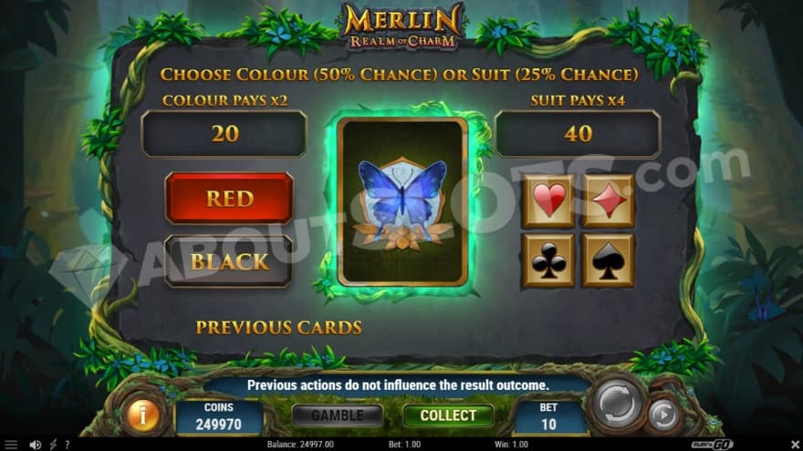 Gamble feature with options to gamble between picking the correct color or suit.