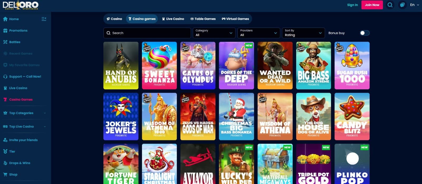  Exciting slot games available at Del Oro Casino.