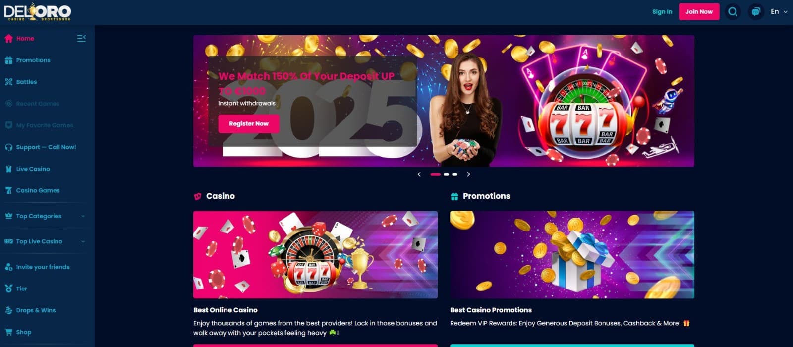 Welcome bonus offer at Del Oro Casino. Get a 150% match on your first deposit.