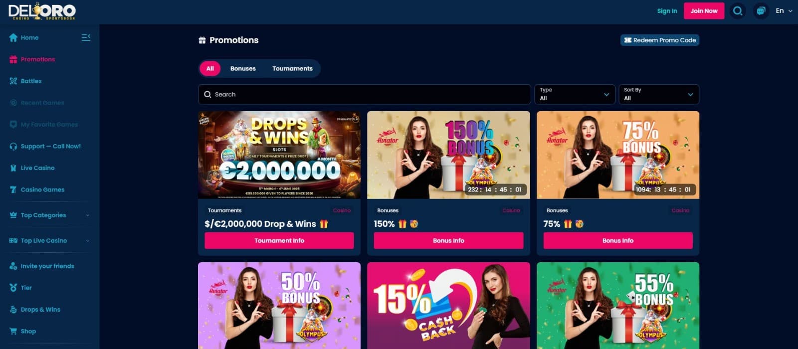 The games page of Del Oro Casino showcases a range of bonuses, such as drops and wins, a 150% welcome bonus, and more.