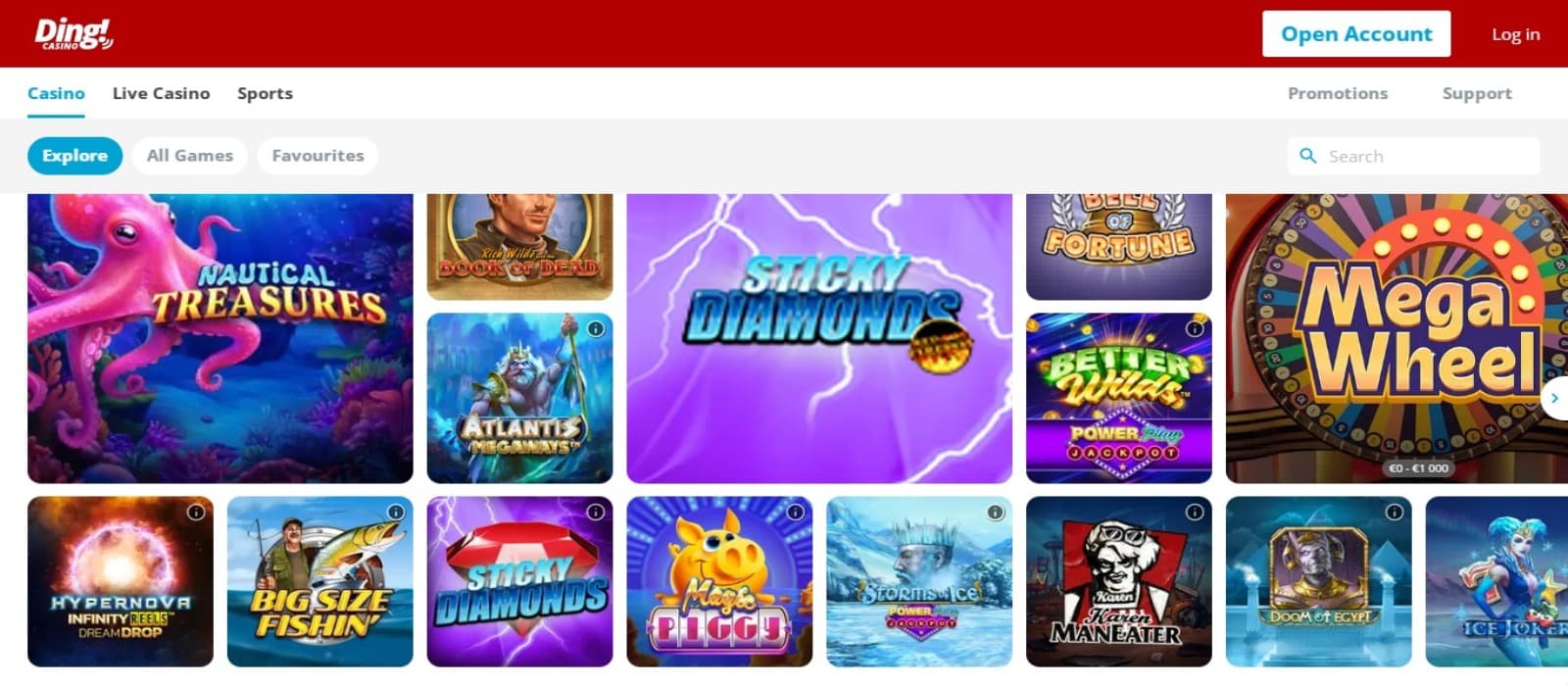 Ding Casino  games page with the slot game icons and other game category options