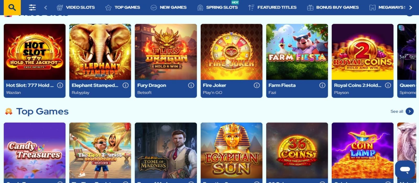 DolfWin Casino games page with the slot game icons and top site navigation menus