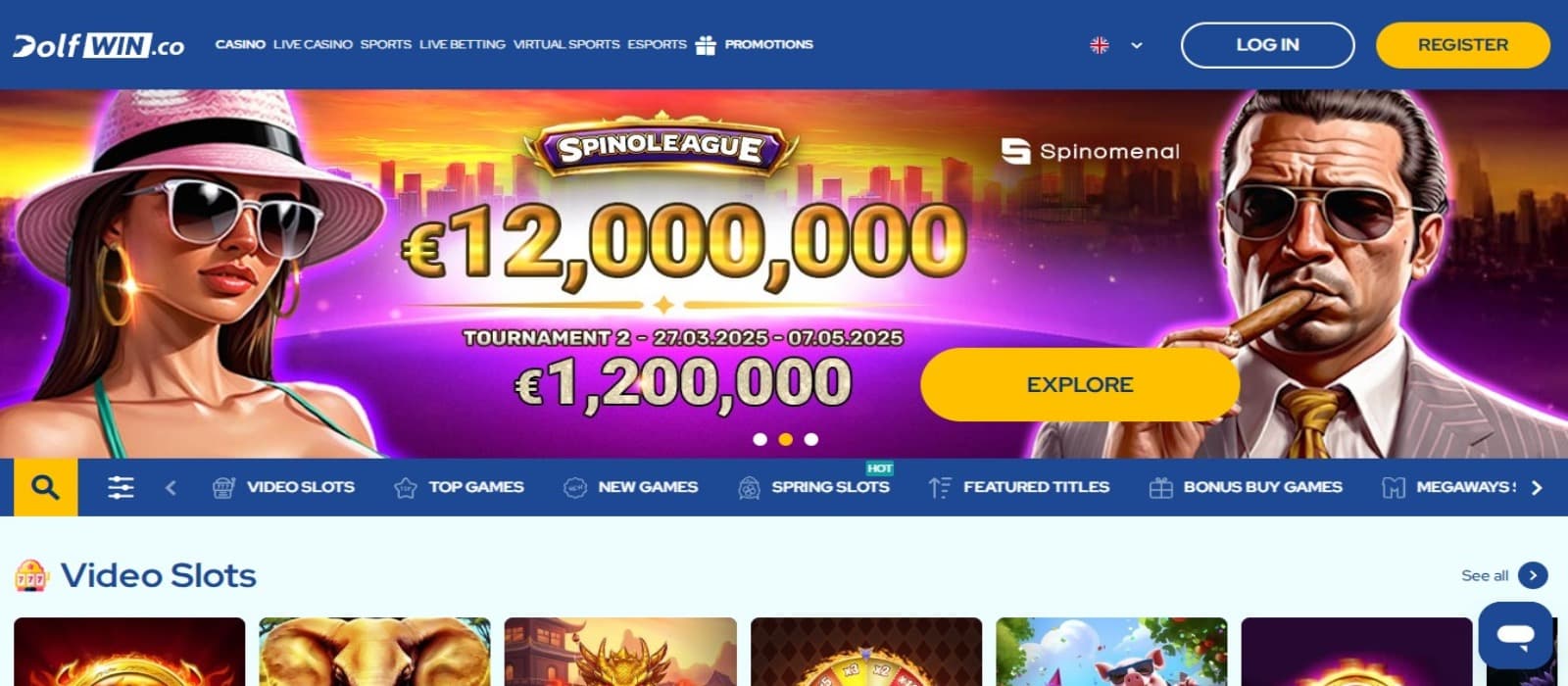 DolfWin Casino landing page with the Spinoleague promotions banner, top navigational menus and game categories below