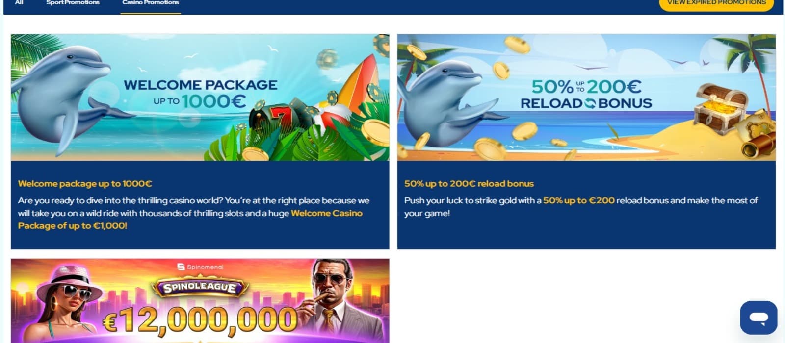 DolfWin Casino promotions page with the welcome bonus and other promotions banners and top navigational menus