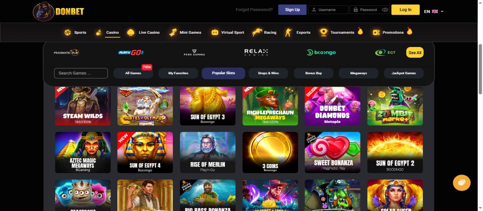 DonBet Casino games page with the game category filters, slot game icons and top navigational menus