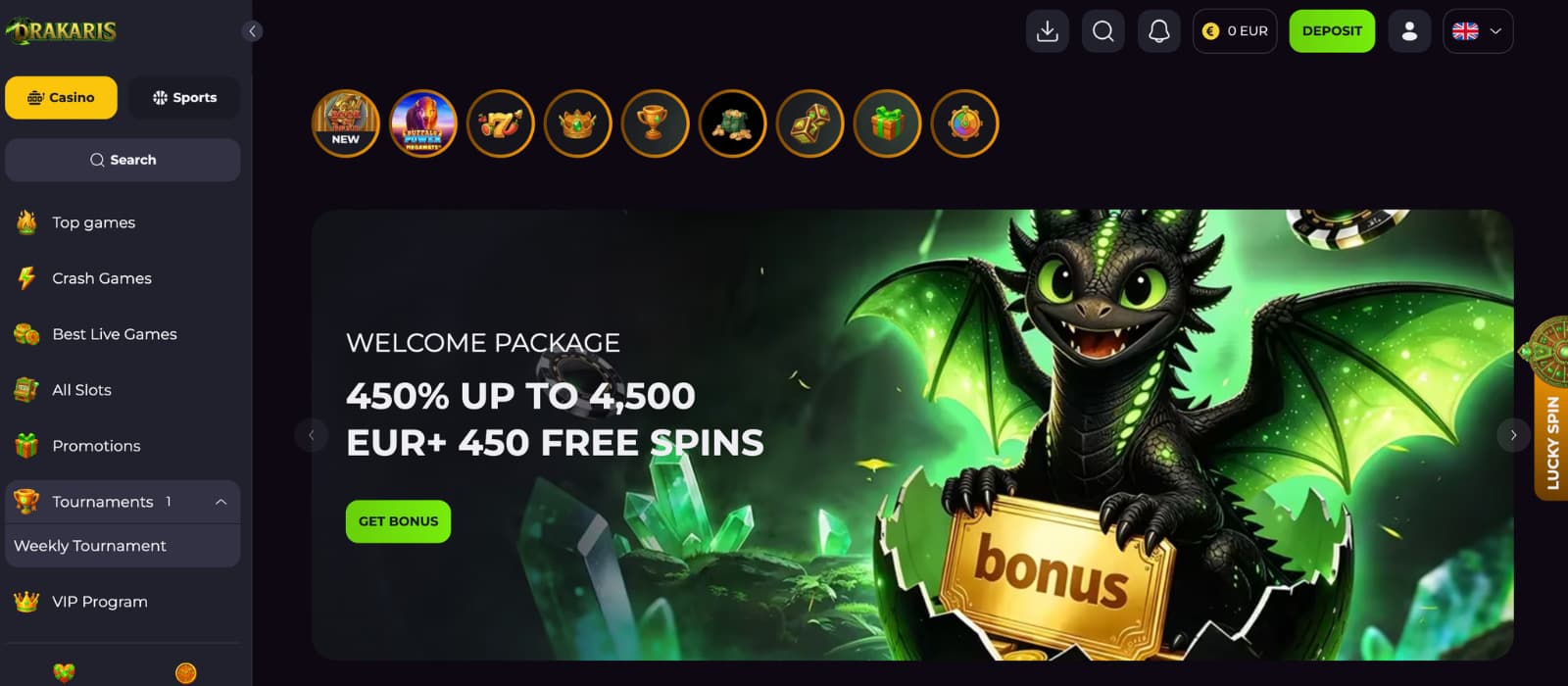 Drakaris Casino homepage displaying the welcome package banner, navigation menu, and featured casino sections.