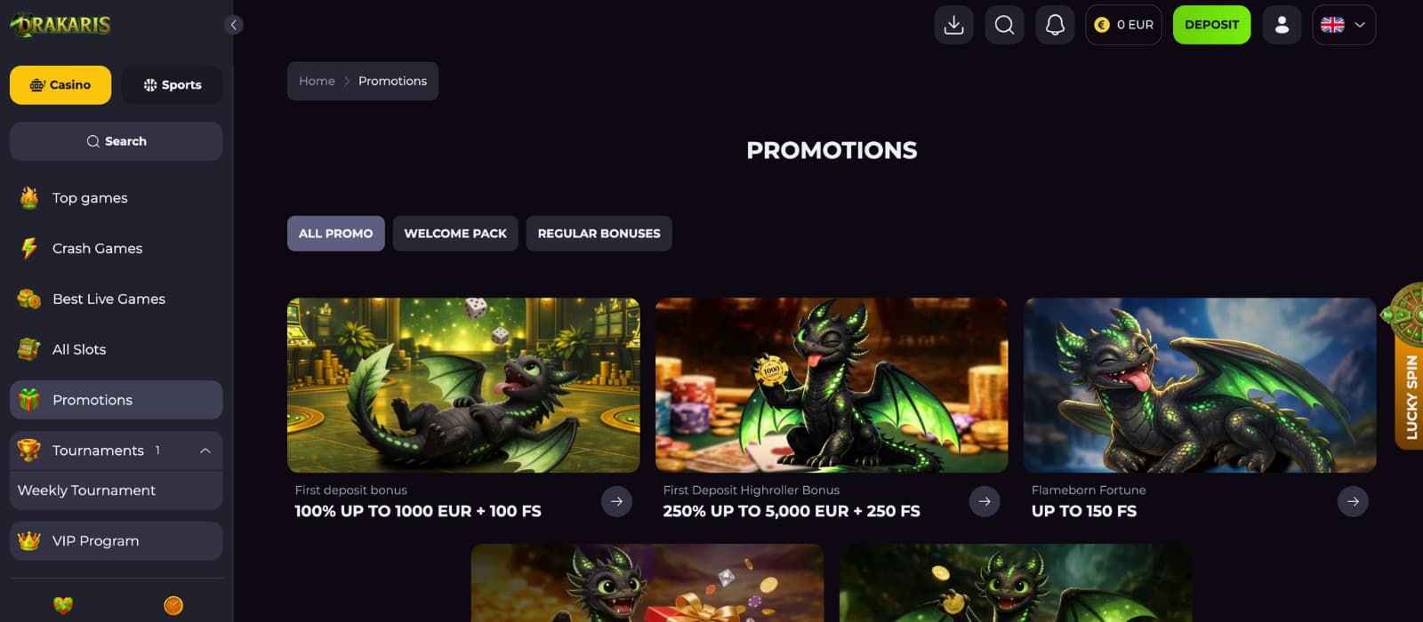 Drakaris Casino promotions page displaying the welcome package, high roller bonus, free spins offer, and regular casino promotions.