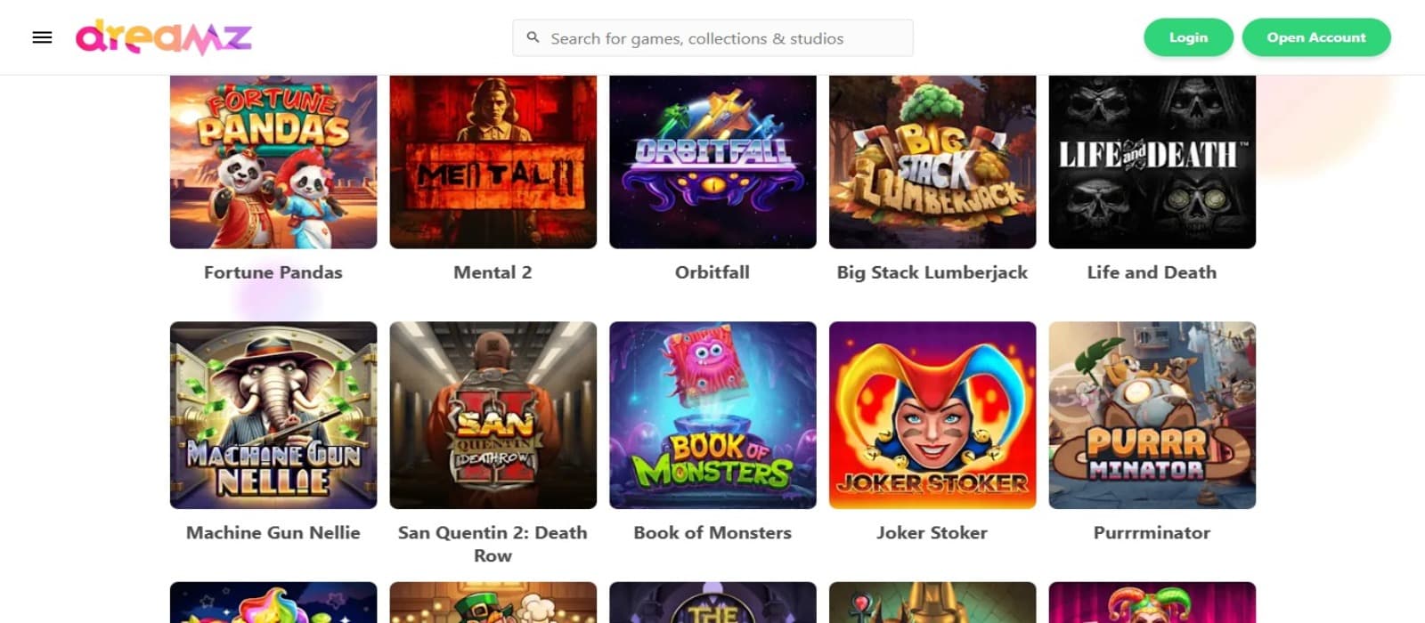 Dreamz Casino games page with the slot game icons and registration options at the top right