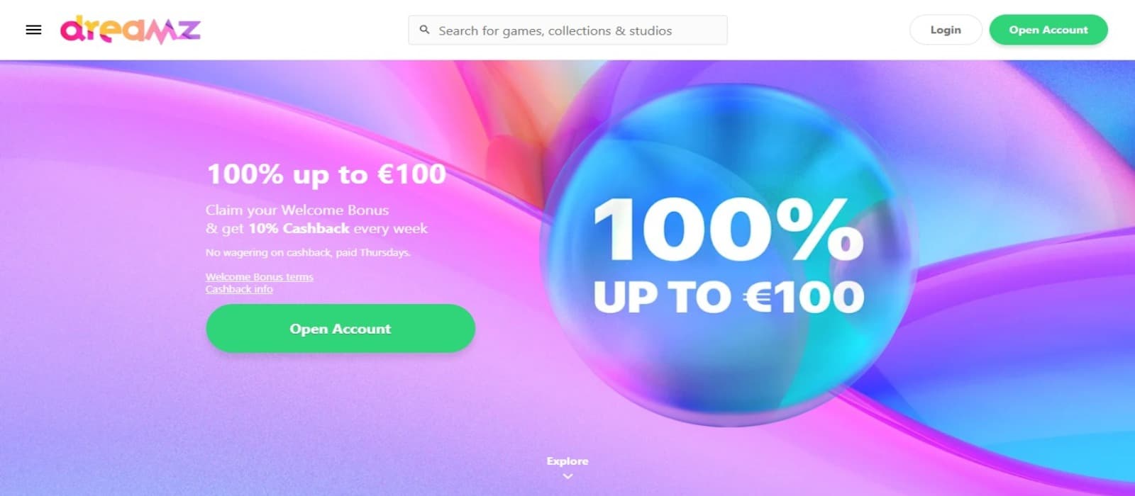 Dreamz Casino landing page with the welcome bonus offer banner and top navigational menus with the casino logo