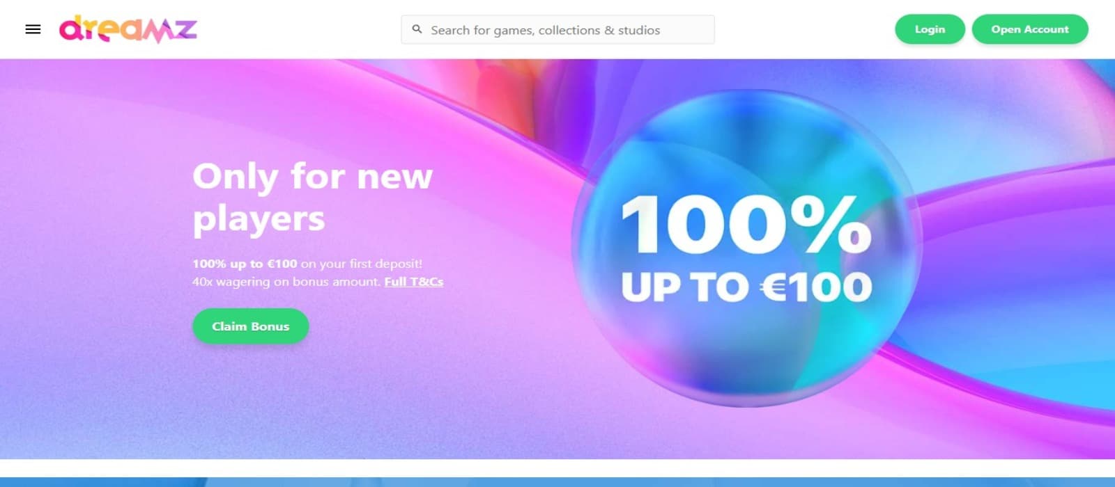 Dreamz Casino promotions page with the welcome bonus offer and details and login option at the top right