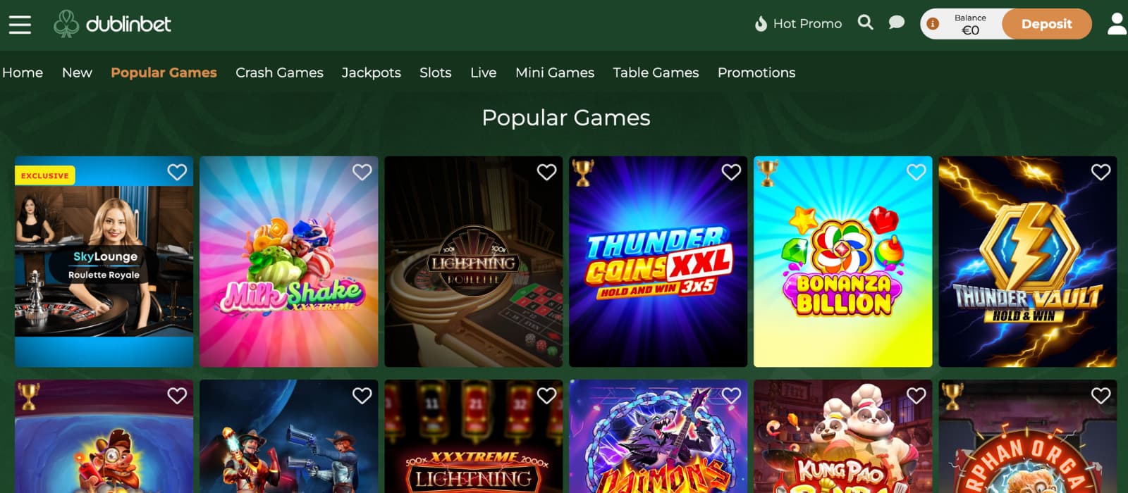 Dublin Bet Casino popular games page featuring titles like SkyLounge Roulette Royale, Milk Shake, Thunder Coins XXL, Bonanza Billion, and Kung Pao Panda.