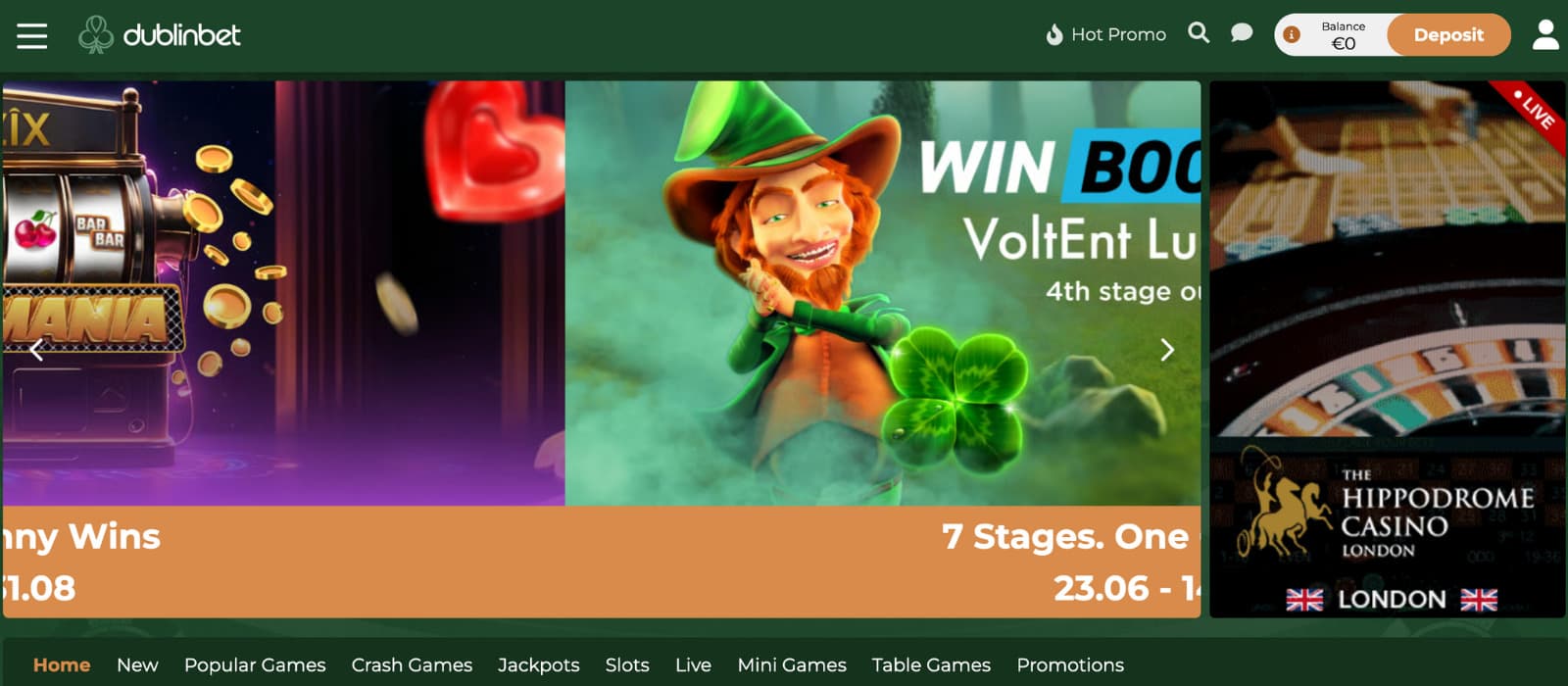 Dublin Bet Casino landing page showing current promotions, including VoltEnt Lucky Win Boost and live games like Hippodrome Casino London.