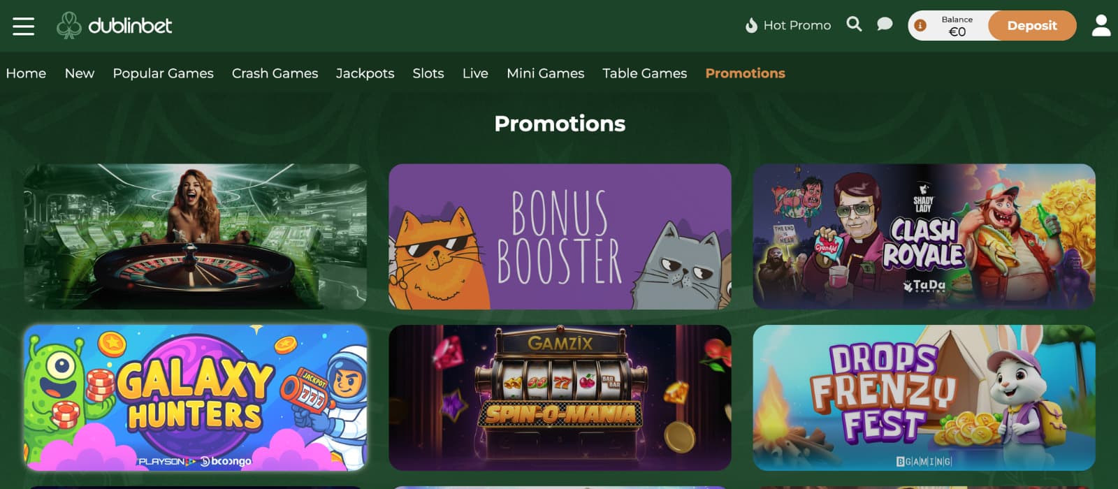 Dublin Bet Casino promotions page showcasing Bonus Booster, Clash Royale, Drops Frenzy Fest, and other active offers.