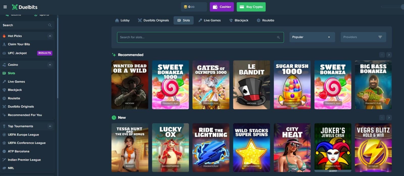 The games page of Duelbits Casino presents a wide variety of slot games, such as Sweet Bonanza 1000, Wanted Dead or a Wild, and more.